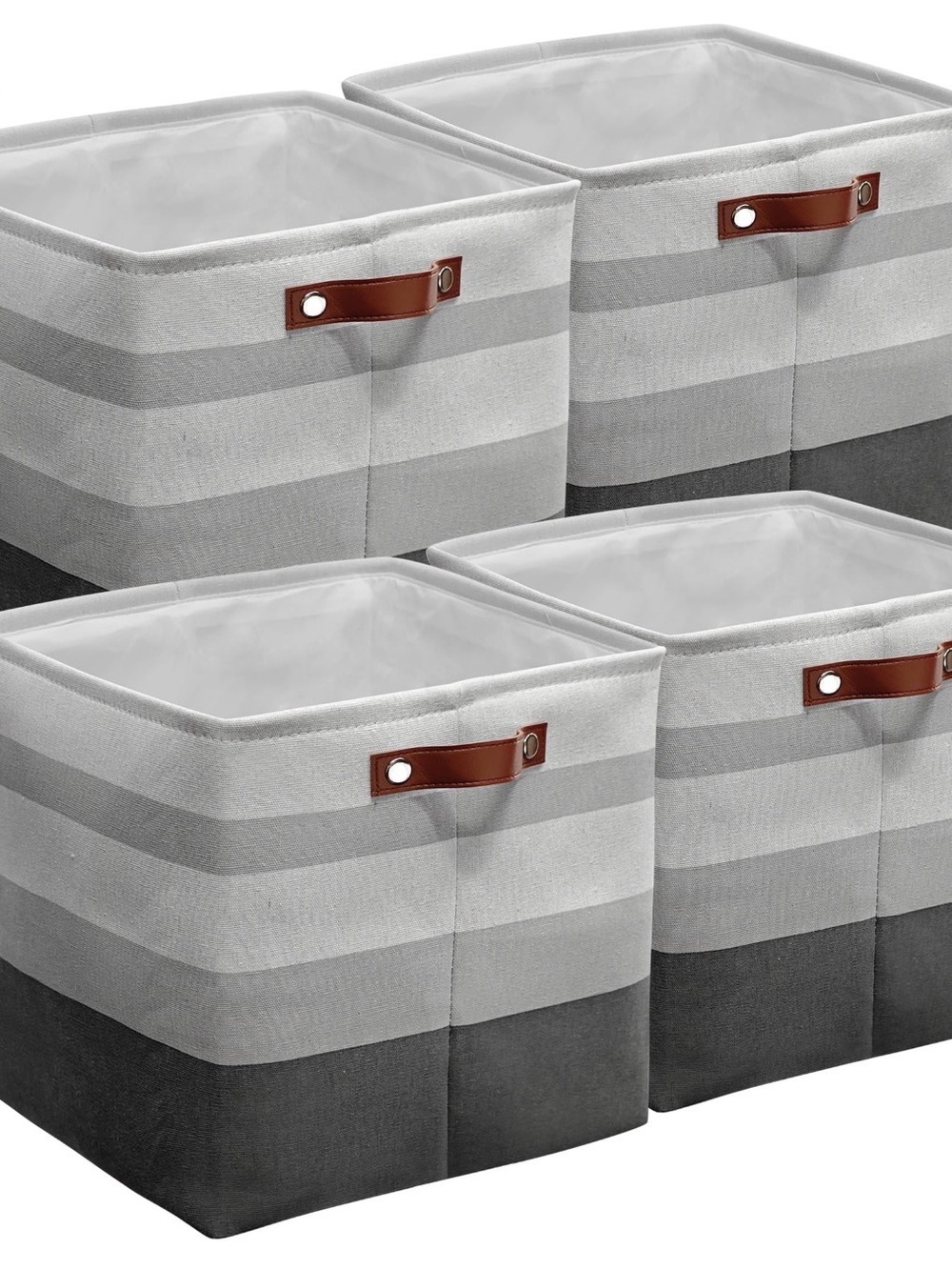 Gray Striped Fabric Storage Bins with Brown Handles - Set of 4